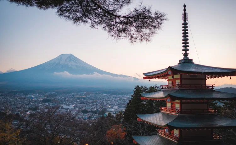 Japanese temple and Mount Fuji