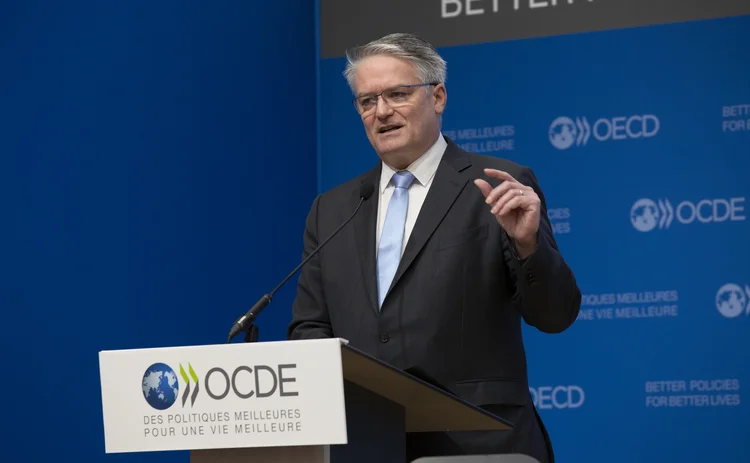 Mathias Cormann speaking at the launch of the OECD economic outlook